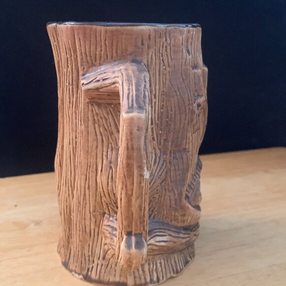 Vintage 3D brown tree trunk mug w/ open mouth & teeth, animated forest friends - Picture 5 of 10